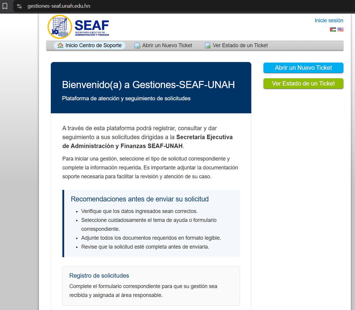 Paso 1: ingreso al portal de Gestiones SEAF