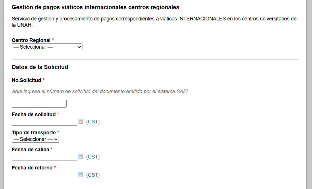 Paso 3: centro regional y datos de la solicitud de viáticos internacionales