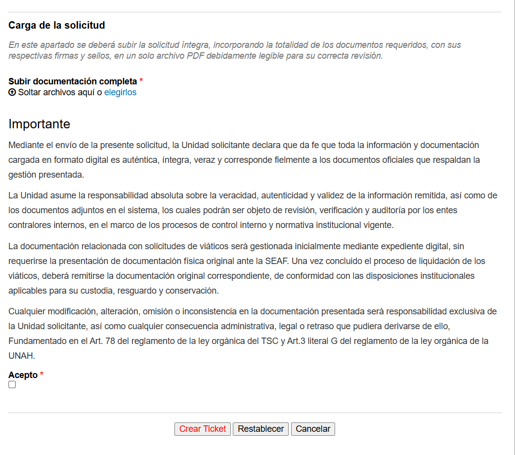 Paso 5: carga de documentación, información importante y creación del ticket