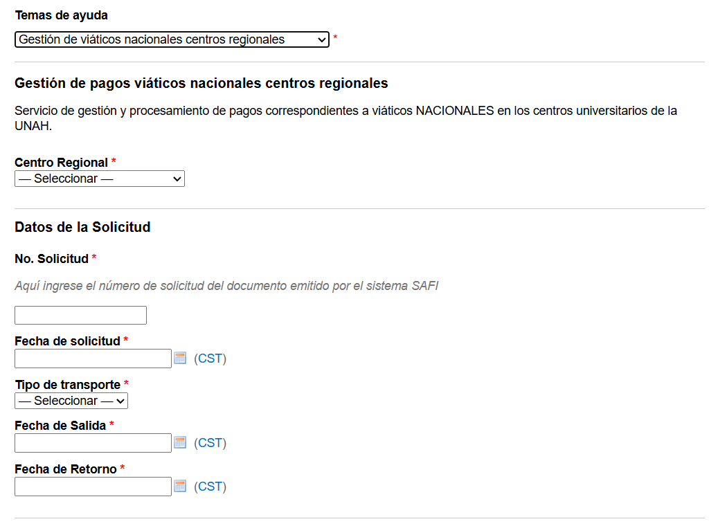 Paso 3: centro regional y datos de la solicitud de viáticos nacionales