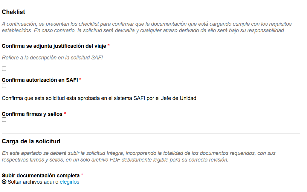 Paso 4: checklist y carga de la solicitud