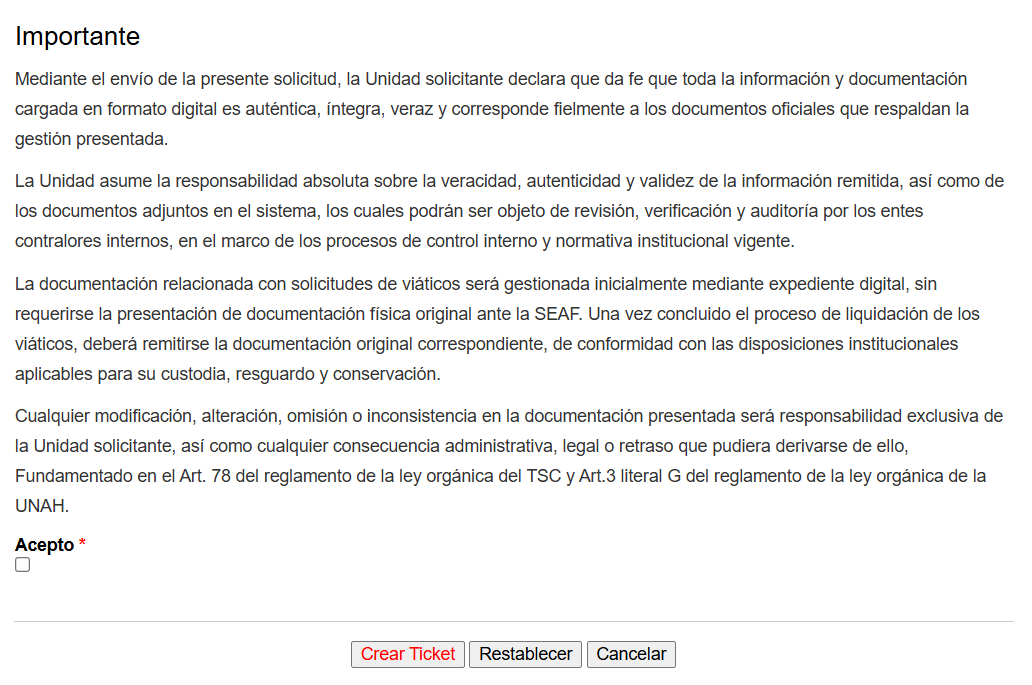 Paso 5: información importante, aceptación y creación del ticket
